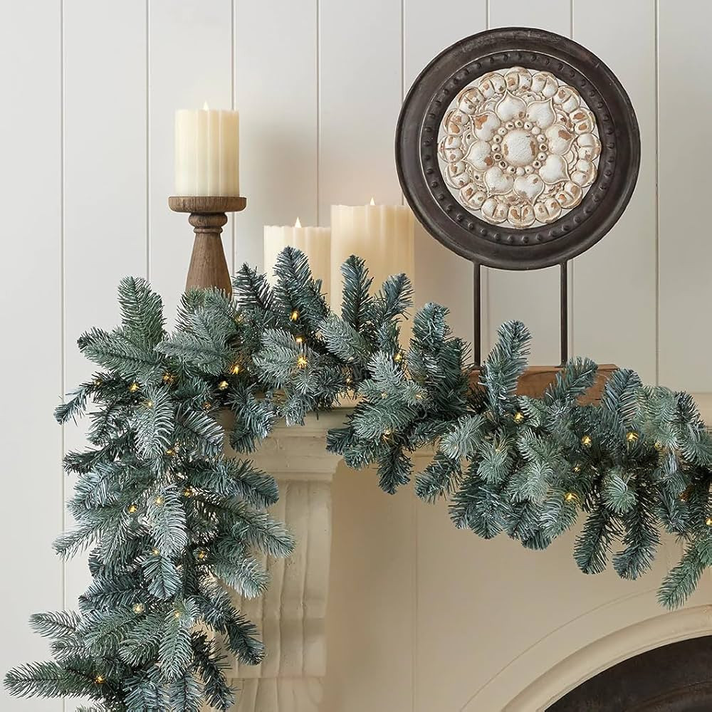 Blue Spruce 9' Garland with Warm White LED Lights | Indoor or Covered Outdoor | Fire-Resistant an... | Amazon (US)