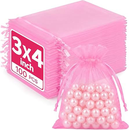 Crweety 100PCS Organza Bags 3x4'', Pink Small Gift Mesh Drawstring Bag Bulk | Use for Jewelry Can... | Amazon (US)