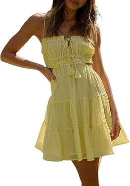 Yuemengxuan Women 2023 Summer Mini Dresses Strap Cutout Boho Mini Dress A-Line Flowy Swing Dress ... | Amazon (US)