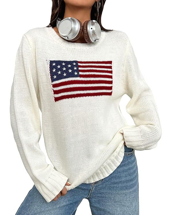 GORGLITTER Women's American Flag Graphic Long Sleeve Sweater Knit Round Neck Pullover Top | Amazon (US)