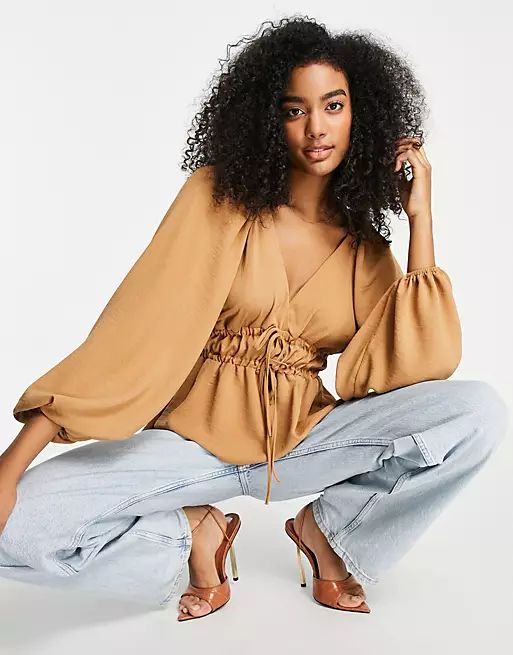 ASOS DESIGN long sleeve v neck top with kimono sleeve and tie front in camel | ASOS (Global)
