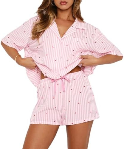 XBTCLXEBCO Women Valentines Pajama Sets Heart Print Short Sleeve Button Down Tops and Shorts 2 Pi... | Amazon (US)