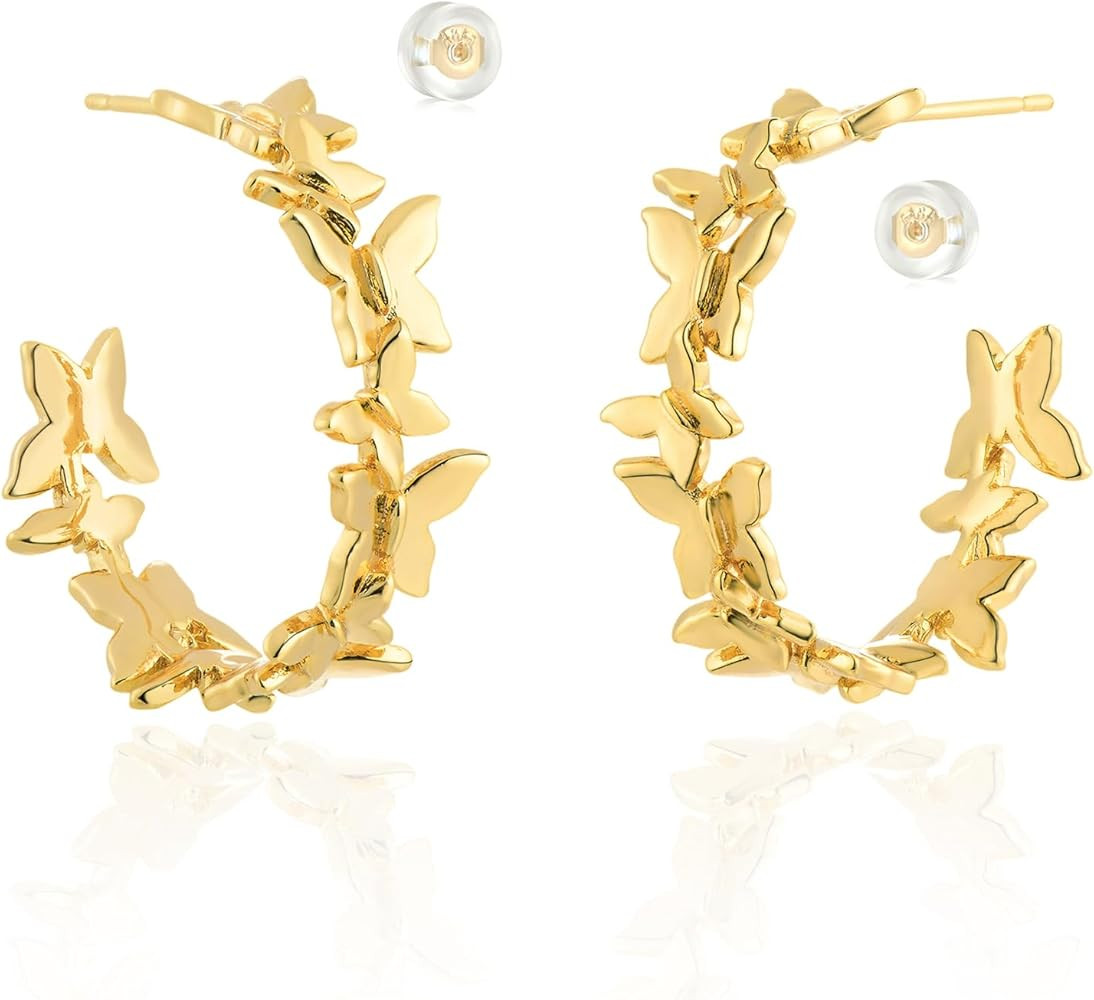 Amazon.com: MEVECCO Gold Hoop Earring Sterling Silver Post Butterfly Chunky Open Hoops 18K Gold P... | Amazon (US)