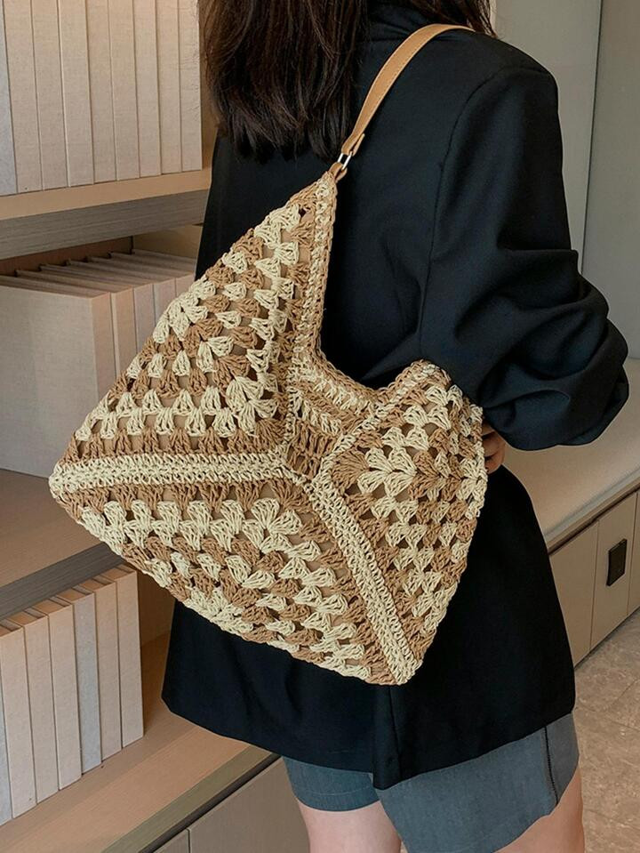 Two Tone Straw Bag Hollow Out Vacation | SHEIN