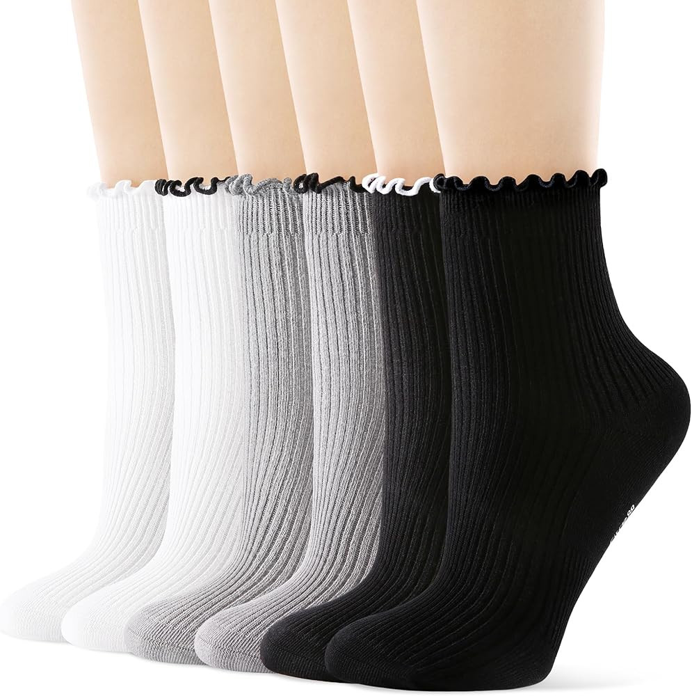 FITRELL 6 Pairs Ruffle Socks, Womens Soft Breathable Cute Lettuce Ankle Crew Frilly Socks | Amazon (US)