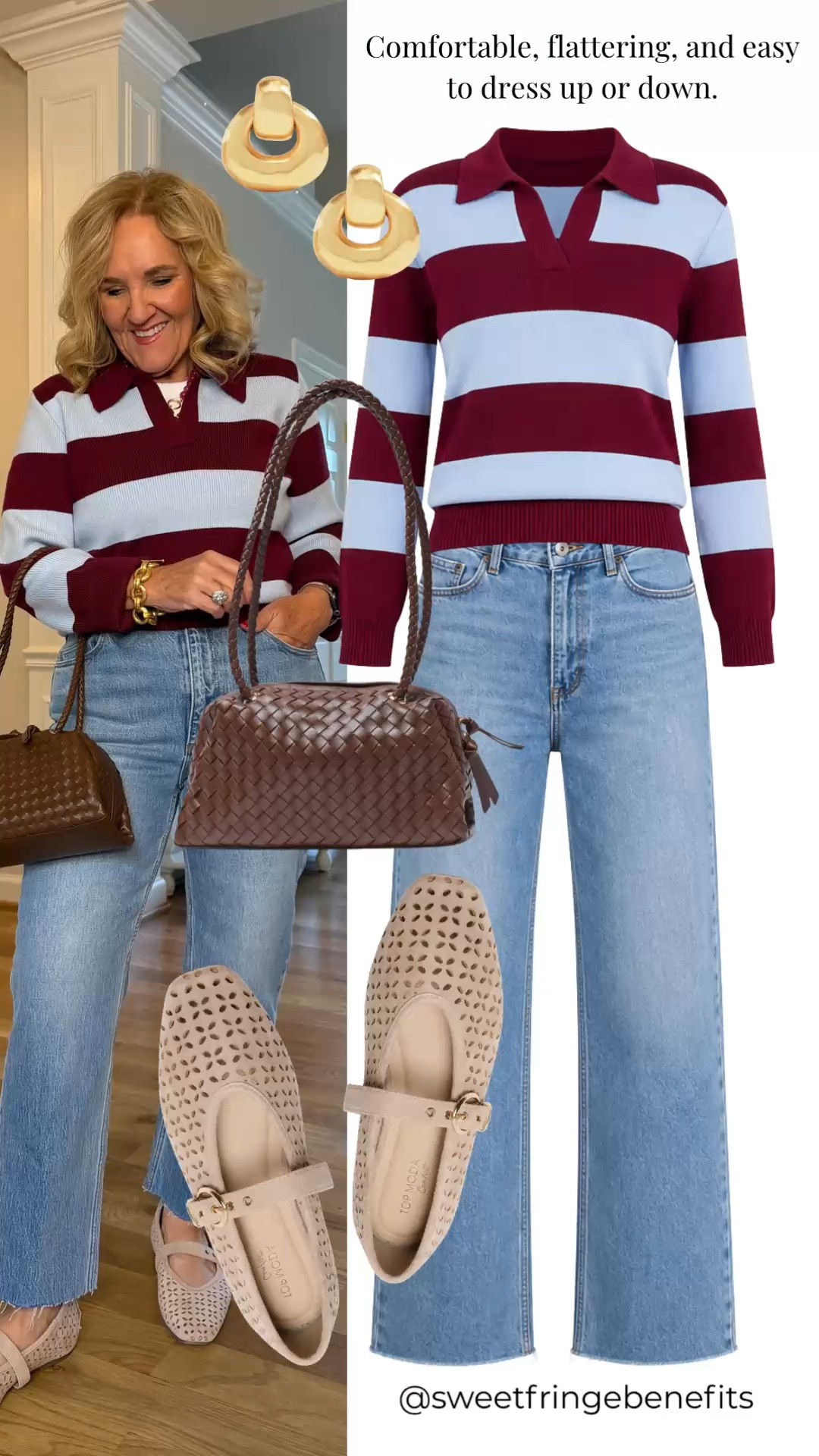 This striped rugby sweater is the perfect mix of classic and casual! Paired with flattering wide leg jeans and neutral accessories, it's an easy outfit to dress up or down all season long.

💡 LTK MADE EASY
❤️ Heart = Support my posts!
🔖 Save = Get sale & restock alerts
📋 Lists = Keep favorites organized
📲 Share = Send lists and products to a friend. Hello, Christmas List!
💬 Comment = Ask me anything about what I'm wearing.:-)

#LTKootd #LTKOver40 #LTKgrwm