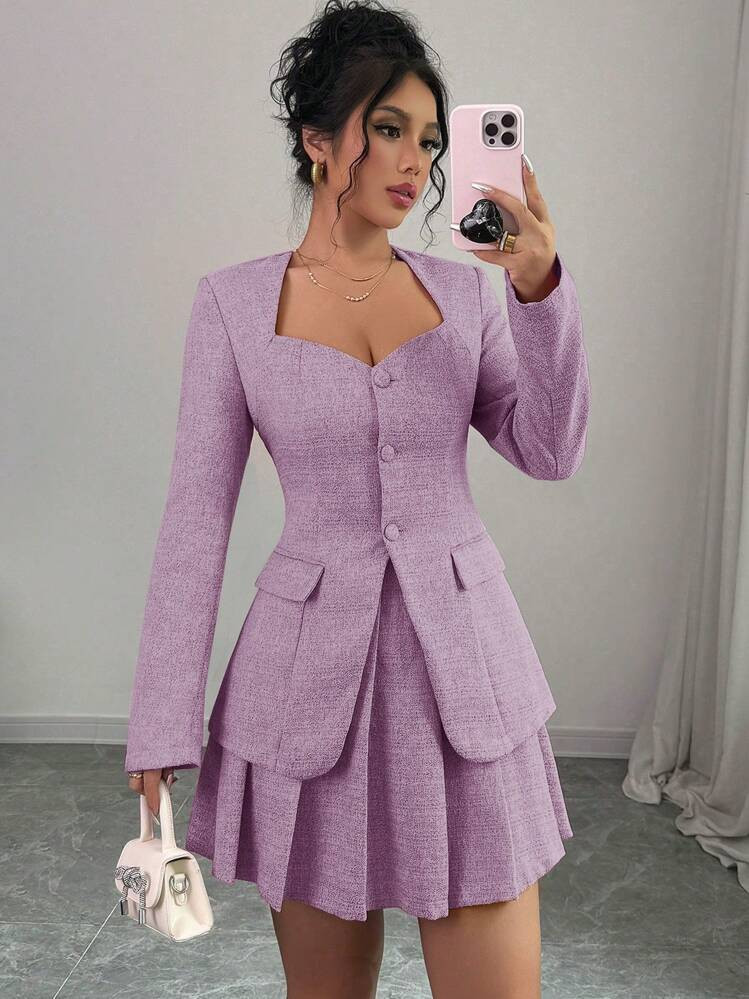 SHEIN Raffinéa Women V-Neck Pink Fitted Blazer + Short Pleated Skirt Suit, Autumn Set | SHEIN