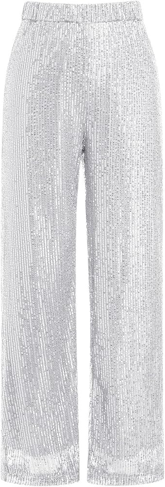 ODIZLI Womens Wide Leg Sparkle Sequin Pants Elastic High Waisted Bling Glitter Dance Pants | Amazon (US)