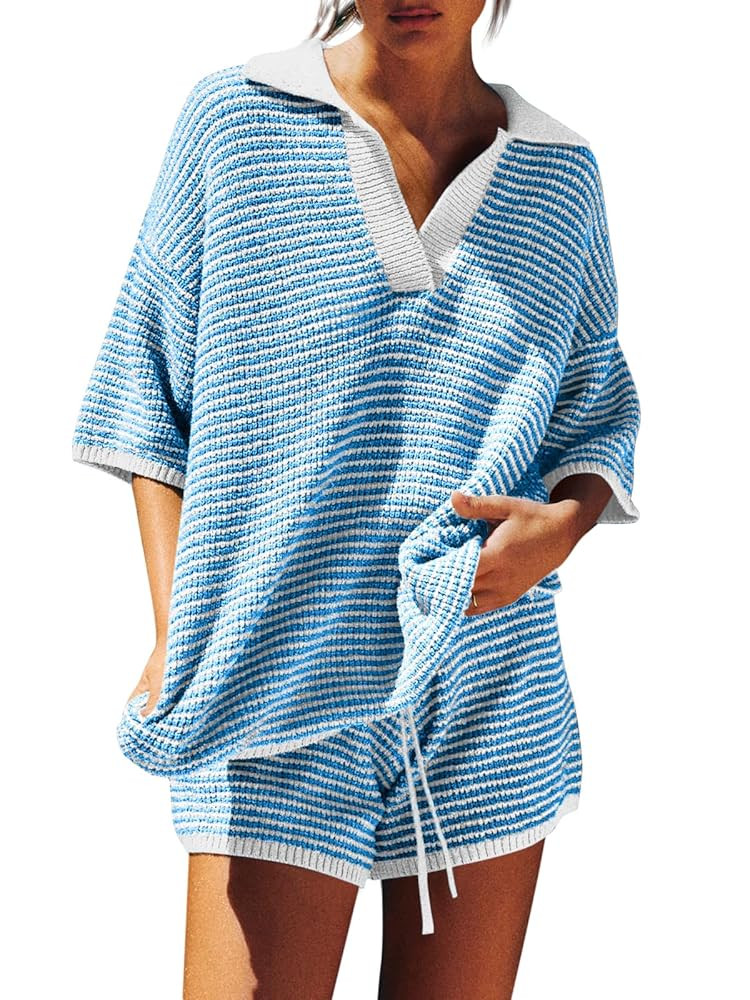 Tankaneo Womens Sweater Set 2 Piece Outfits Oversized 3/4 Sleeve V Neck Knit Tops High Waisted Sh... | Amazon (US)