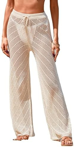 Womens Crochet Knit Elastic Waist Swimsuit Coverup Summer 2026 Striped Beach Bathing Suit Cover U... | Amazon (US)