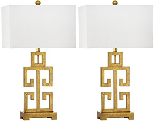 SAFAVIEH Lighting Collection Greek Key Farmhouse Glam Antique Gold 29-inch Bedroom Living Room Home Office Desk Nightstand Table Lamp Set of 2 (LED Bulbs Included) | Amazon (US)