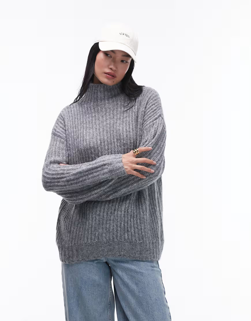Topshop knitted fluffy high neck oversized sweater in gray | ASOS (Global)
