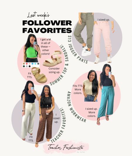 4/15-4/22 Follower Favorites:

• Summer Top & Sandals: The green cropped bra top comes in new colors this year. Get your normal sports bra size. Sandals— see fit details for each in the image.
• Walmart $13 jogger pants: I sized up to a M in these (junior sizing).
• Teacher Favorites: Loft ivory palazzo jeans fit TTS. (I’m in my normal 4.) Looooove the more lightweight feel and the flattering tie! The Old Navy printed pants are thin and comfy with a stretchy waist band. I sized up. More colors/patterns! (I’m in a M.)
• Amazon workwear: The short sleeved sweater top has been my go-to for over a year now. Fits TTS and comes in colors, too. The pants are stretchy, lightweight and cropped and come in more colors. I sized up to a M.


#ltkseasonal #ltkshoecrush spring , teacher outfits, Loft, Amazon finds, bra top, ankle pants, summer sandals, summer outfit, spring outfit, cargo joggers, Walmart finds, old navy

#LTKworkwear #LTKsalealert #LTKfindsunder50