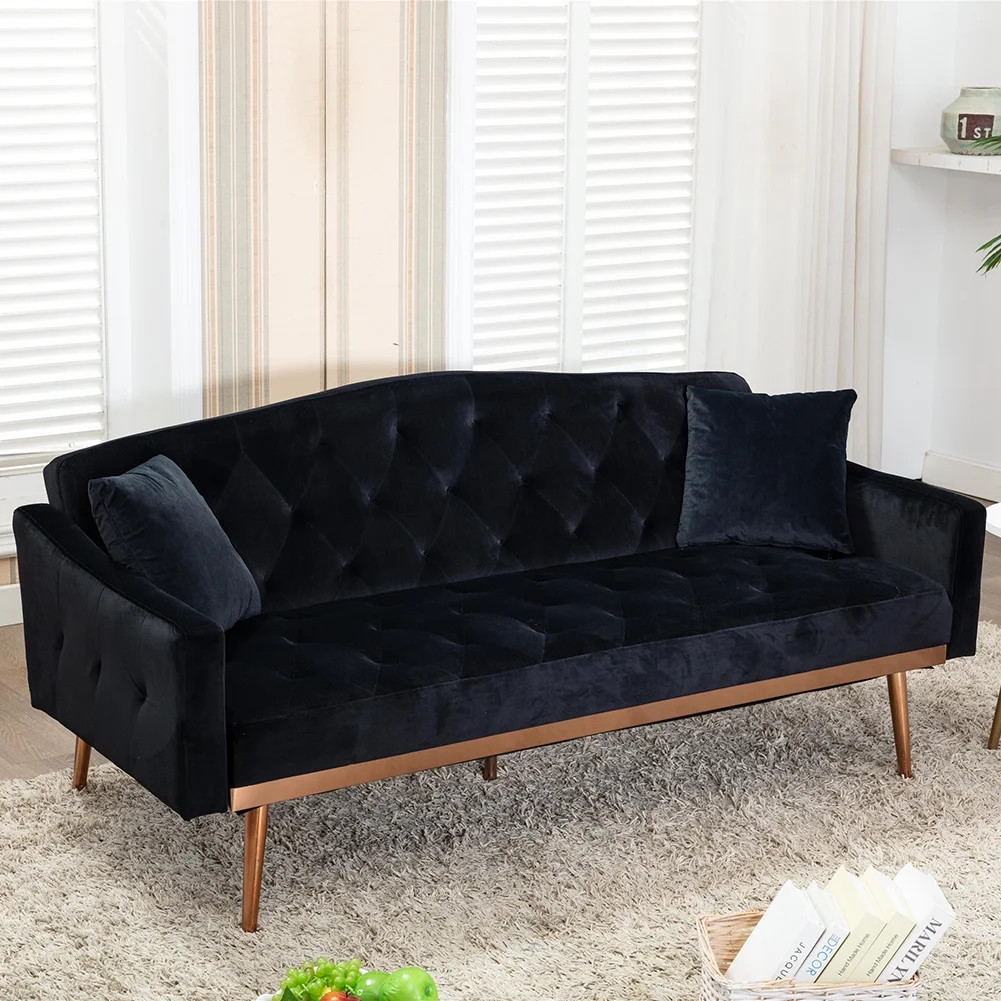 Veryke Velvet Upholstered Modern Convertible Folding Futon Sofa Bed w/Square Armrests, Metal Legs... | Walmart (US)