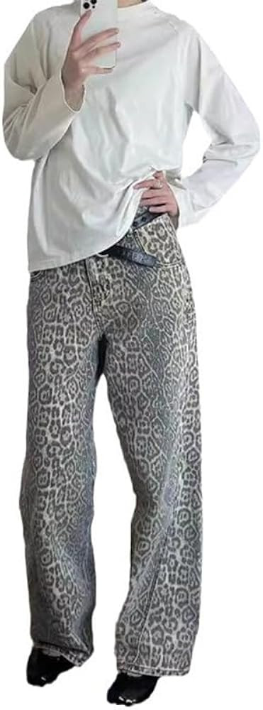 American Style Leopard Wash Jeans Cargo Pants Women Retro Street Hip Hop Loose Casual Pants High ... | Amazon (UK)