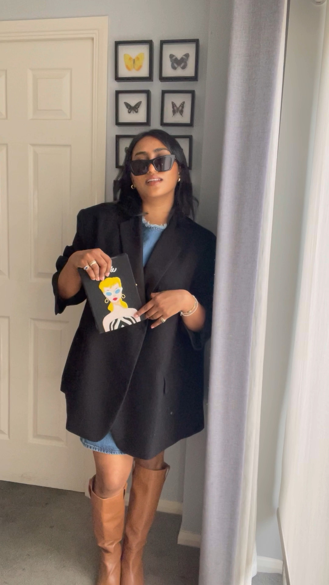 Autumn outfit, autumn fashion, fall outfits, fall fashion, transitional outfit, layered outfit, denim dress, panelled dress, mini dress, black blazer, oversized blazer, knee high boots, kitten heel boots, leather boots, brown boots, black sunglasses, black bag, book bag, clutch bag, The Frankie Shop, COS, Olympia Le-Tan, LK Bennett, & Other Stories, Free People, Reformation

#LTKstyletip #LTKSeasonal #LTKeurope