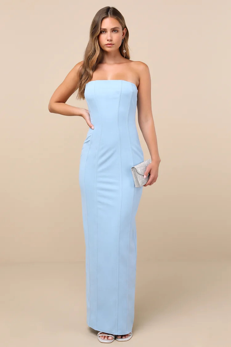 Ismene Light Blue Seamed Strapless Maxi Dress | Lulus