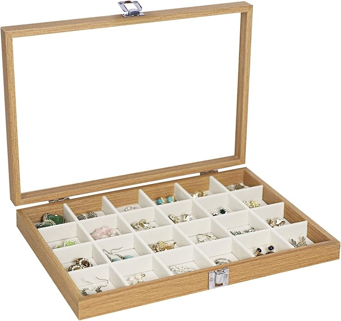Stratalife Jewelry Organizer Wooden Jewelry Box Jewelry Display Case Jewelry Tray with Glass Lid ... | Amazon (US)