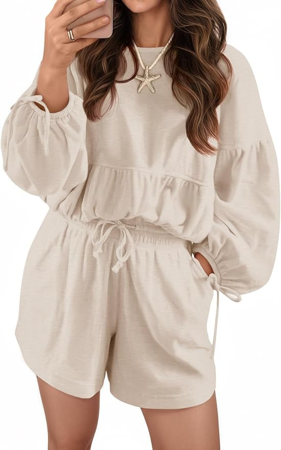 Tankaneo Womens 2 Piece Outfits Lounge Sets Puff Long Sleeve Bubble Tops and Elastic Drawstring L... | Amazon (US)