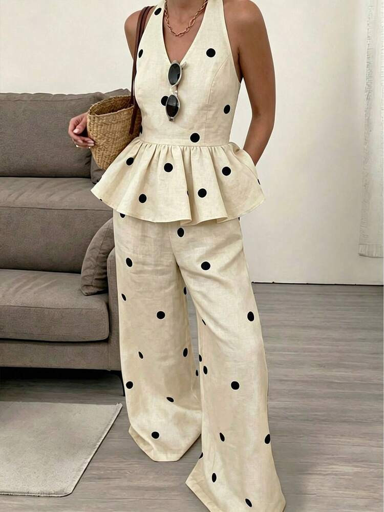 Serisse Women's V-Neck Halter Backless Sleeveless Polka Dot Ruffle Hem 2-Piece Set, Summer | SHEIN