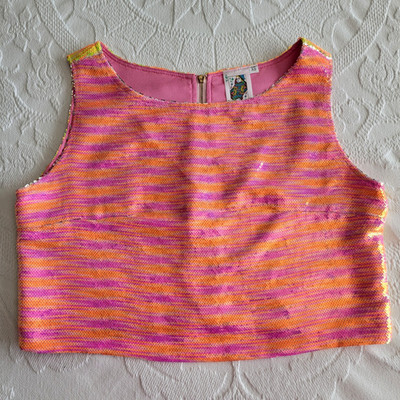 Queen Of Sparkles Neon Sequin Stripe Tank Top Cropped Shirt Women's XS | eBay US