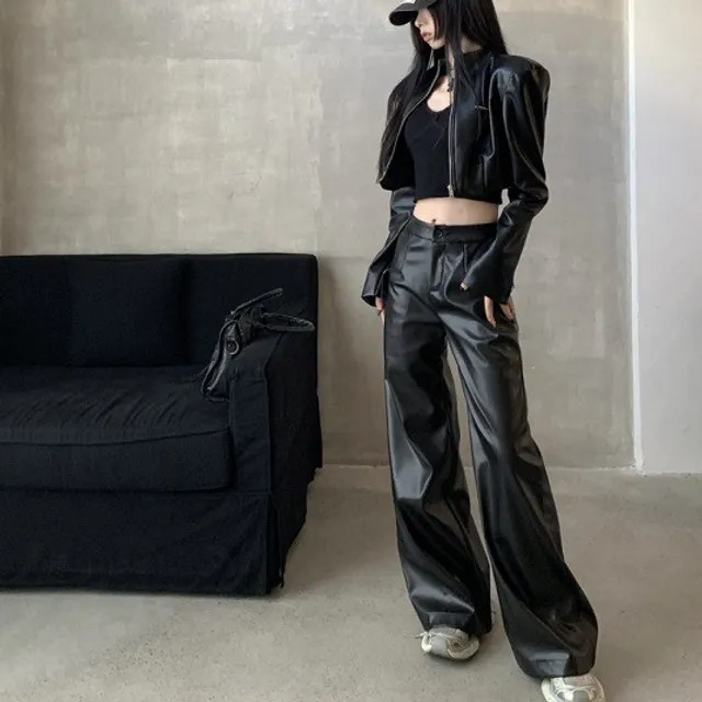 Soswift - Faux Leather Crop Zip Jacket / Mid Rise Faux Leather Wide Leg Pants | YesStyle.com