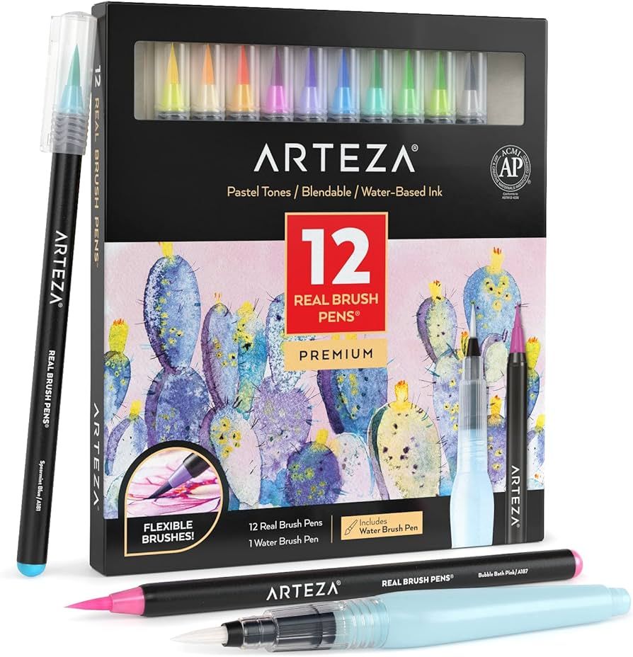 ARTEZA Real Brush Pens, Set of 12, Pastel Tones, Blendable Watercolor Markers and 1 Water Brush, ... | Amazon (US)