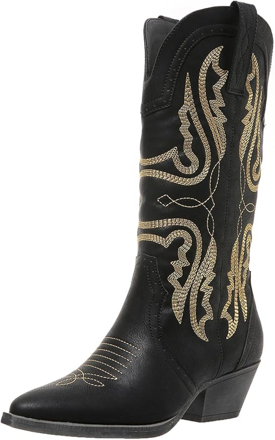 Cowboy Boots for Women Cowgirl Mid Calf Western Boots Embroidered Stitched Pointed Toe Chunky Blo... | Amazon (US)