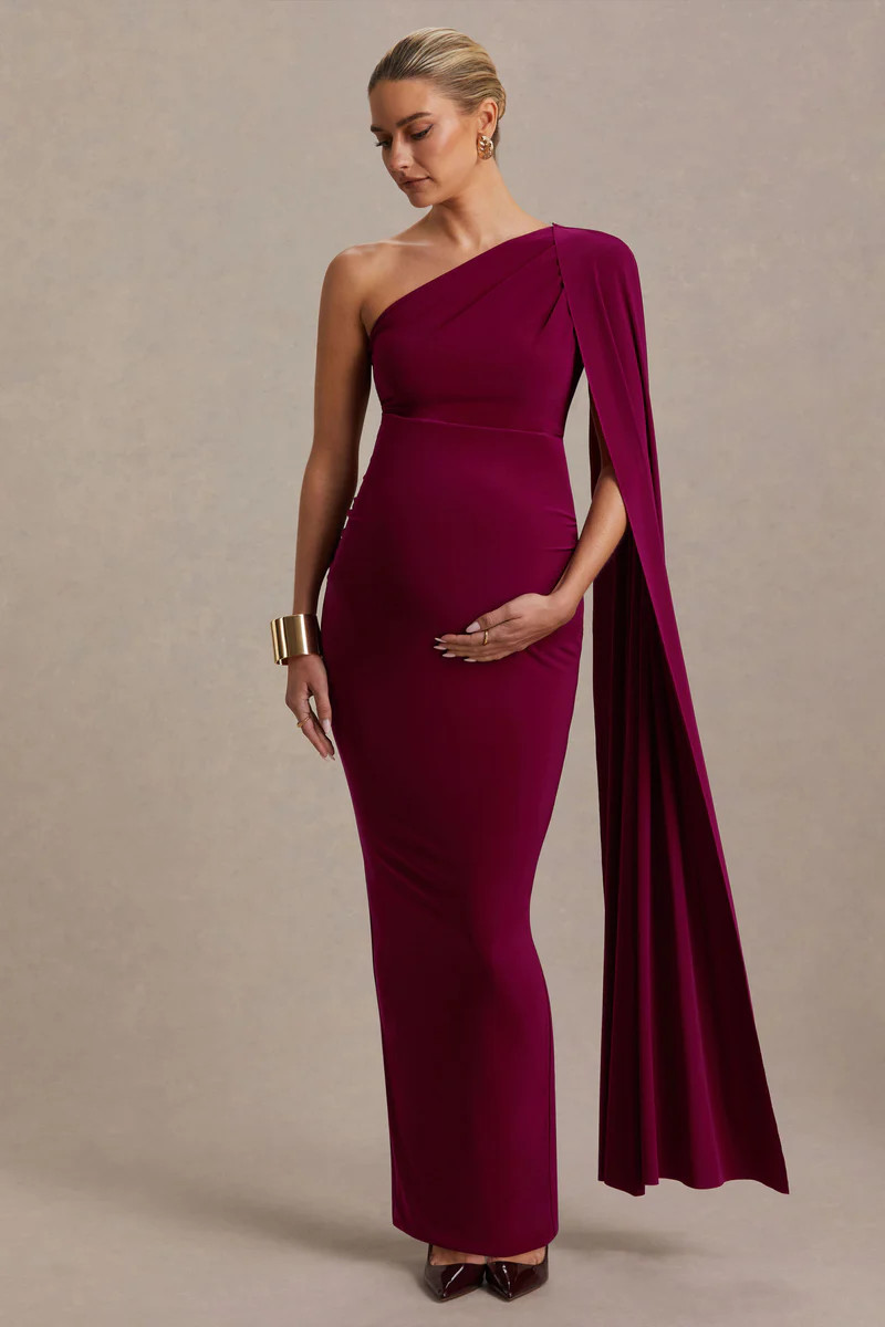 Amaryllis  Berry Maternity One Shoulder Maxi Dress with Cape Sleeve | Club L London