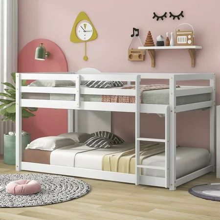 SESSLIFE Bunk Bed Twin Over Twin Sturdy Wood Bed Frame with Flat Ladder and Guardrail White Bunk Bed | Walmart (US)