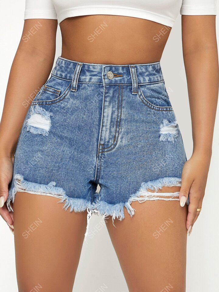 SHEIN PETITE High Waist Ripped Frayed Hem Denim Shorts | SHEIN