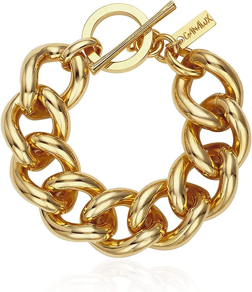 Ganalux Gold Curb Chain Bracelet for Women, Bold Chunky Jewelry Made in Korea | Amazon (US)