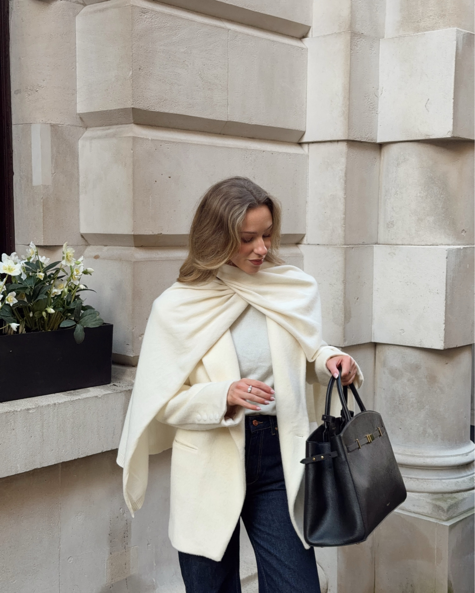 Winter outfit idea, London street style, wide leg dark wash jeans, cream brushed blazer coat, cream knit with scarf attached, demellier Hudson bag 

#LTKuk #LTKwinter #LTKFashionMonth
