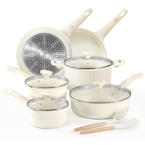 CAROTE 12pcs Pots and Pans Set Non Stick, Nonstick Kitchen Cookware Sets, Granite Pots Set, Kitchen Induction Pots and Pans Cooking Sets, White and Gold | Amazon (US)