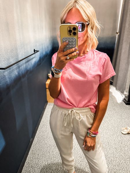 Pink tee- so cute and summery and fun
I sized up to small
Joggers are super comfy and light weight- in my true size xs


#LTKStyleTip #LTKOver40