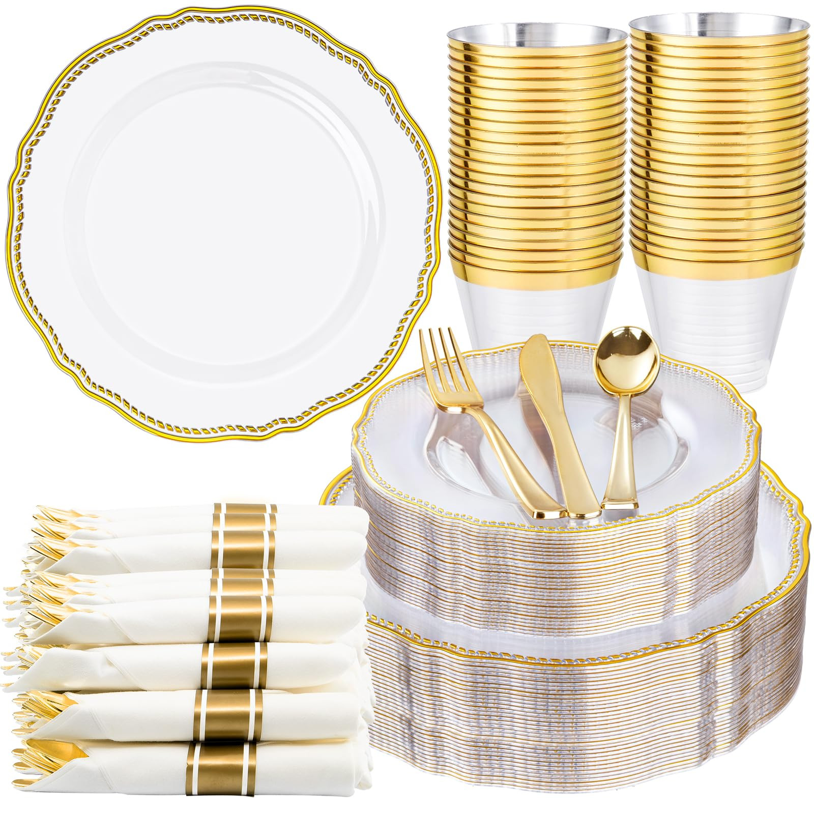 Hioasis - 175 piezas de platos de plástico dorado claro - Juego de vajilla de plástico dorado i... | Amazon (US)