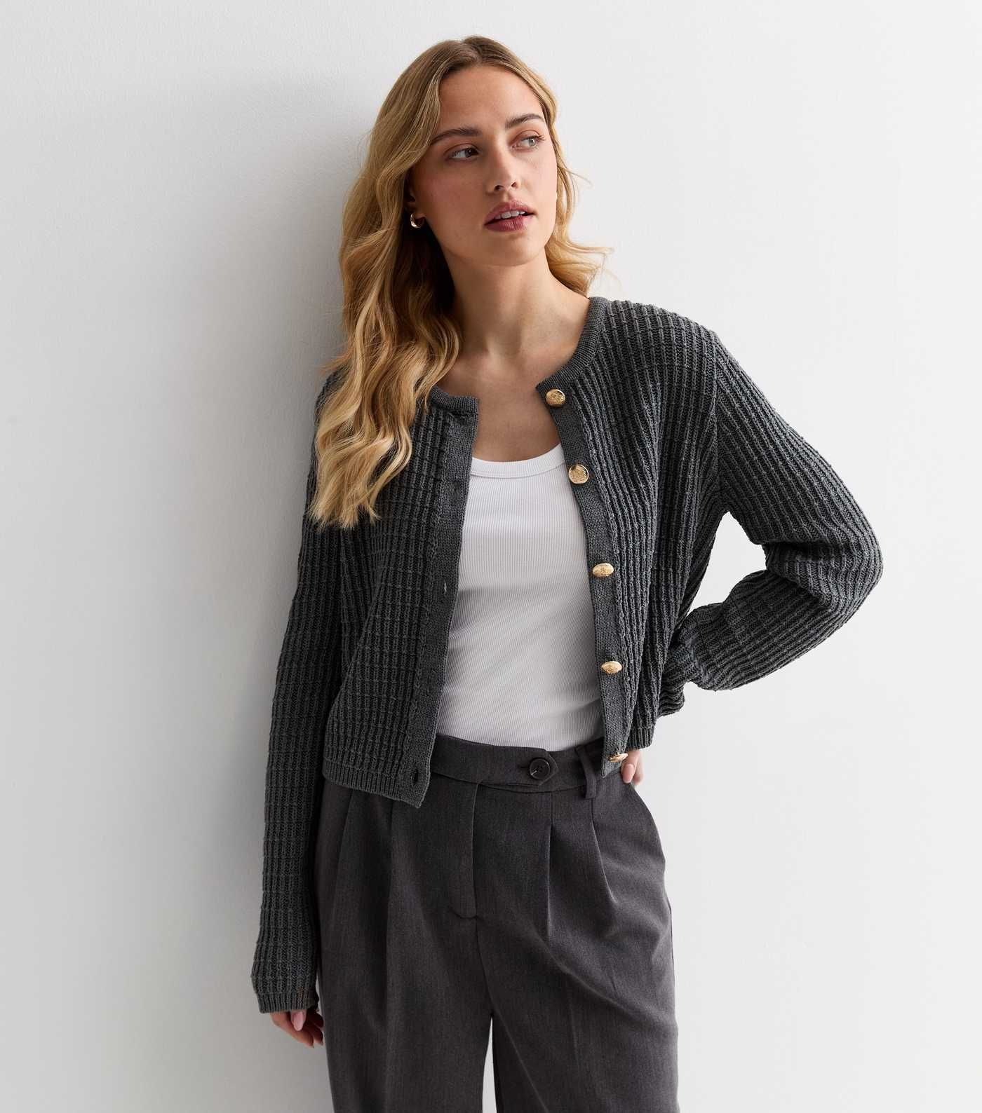 Grey Stitch Knit Button Front Cardigan | New Look | New Look (UK)