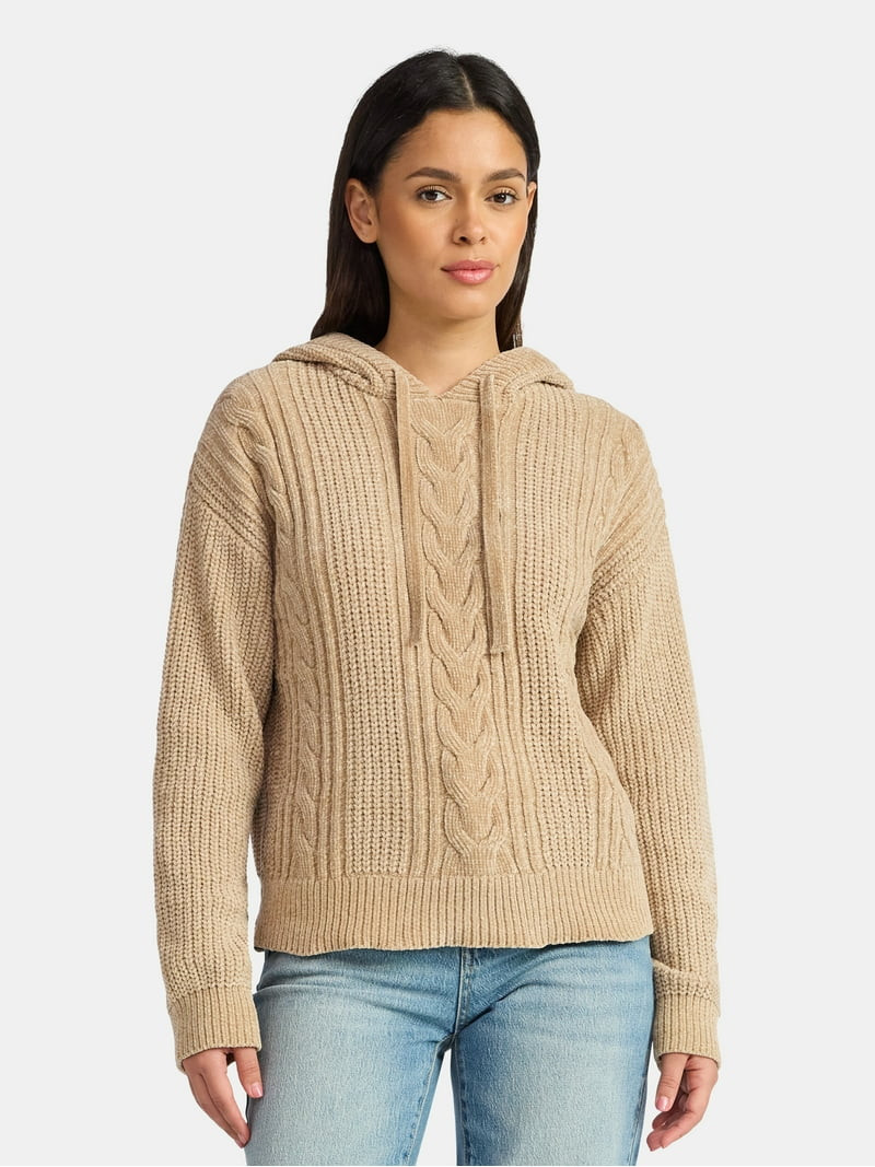 Time and Tru Women's Velveteen Hoodie Pullover Sweater with Long Sleeves, Sizes XS-XXXL - Walmart... | Walmart (US)