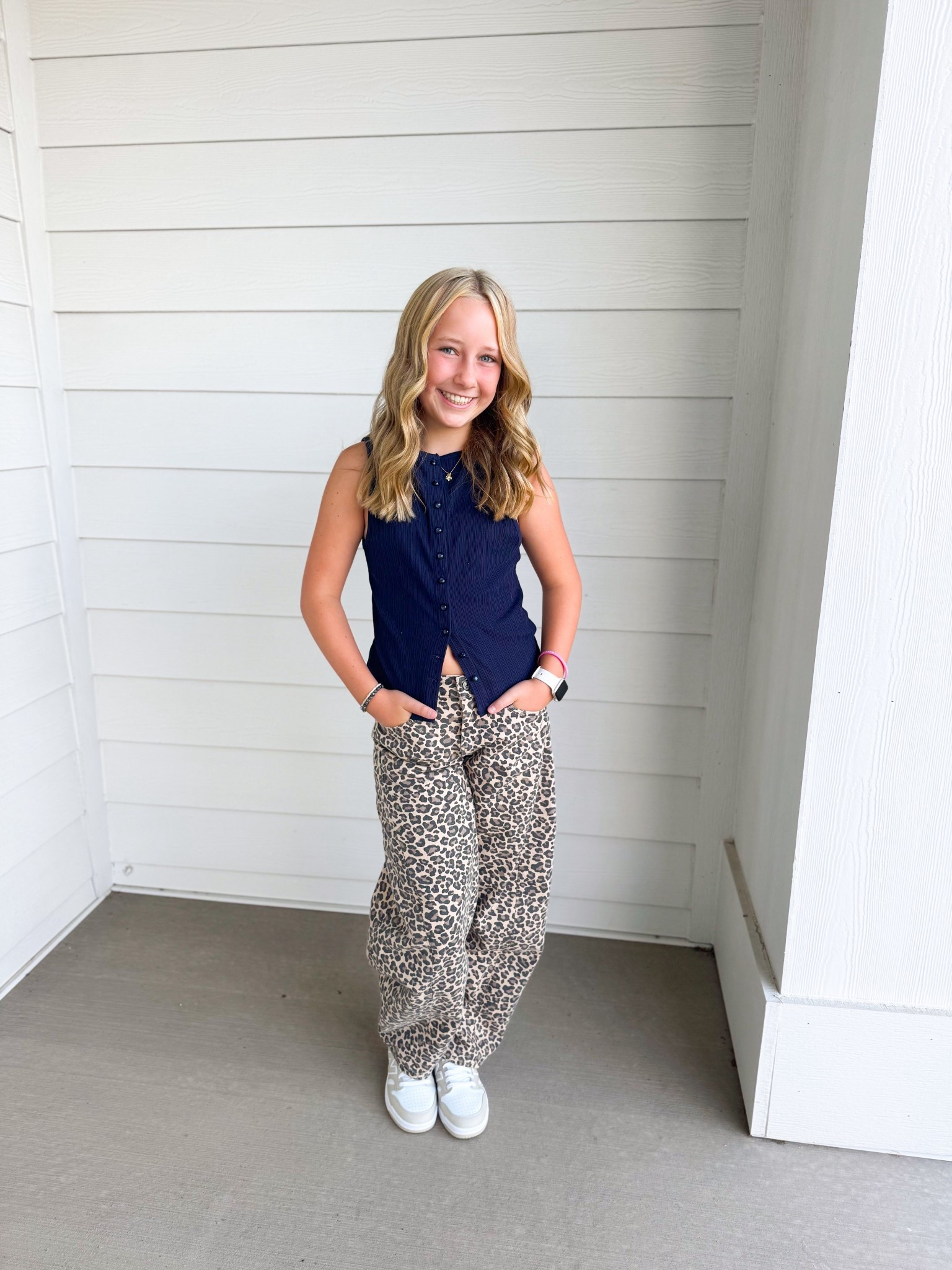 Avery’s first day fit. 

Pants are women’s petite and both the tank and shoes are on sale right now 🙌🏻