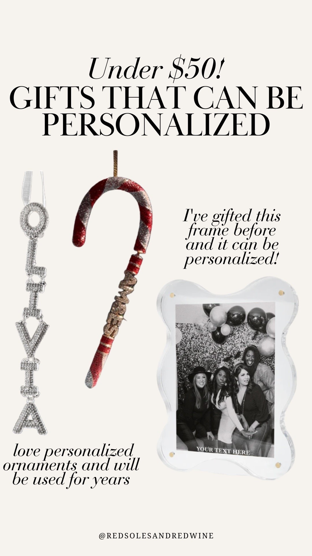 Under $50 personalized gifts! I love ornaments as they will be used for years, and this frame can be engraved. Both from Baublebar 


#LTKHoliday #LTKFindsUnder50 #LTKGiftGuide