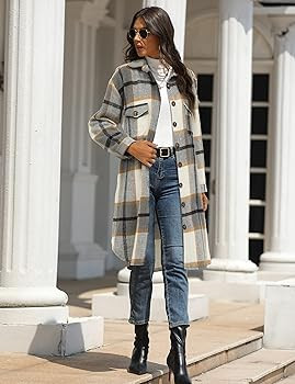 PUWEI Women's Casual Lapel Button Down Long Plaid Shirt Coat Tartan Shacket Jacket | Amazon (US)