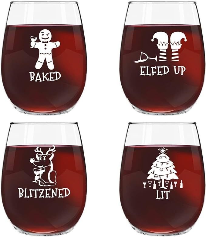 Drunk Christmas Funny Stemless Wine Glasses Set of 4 | Hilarious Christmas Themed Wine Glass for ... | Amazon (US)