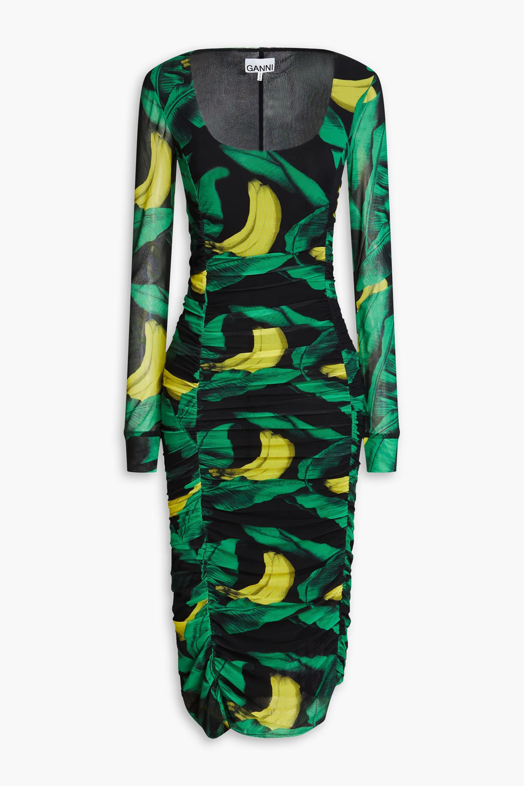 Ruched printed stretch-mesh midi dress | The Outnet (US and CA)