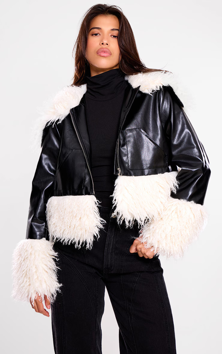 Black Faux Fur White Trim Contrast Faux Leather Jacket | PrettyLittleThing UK
