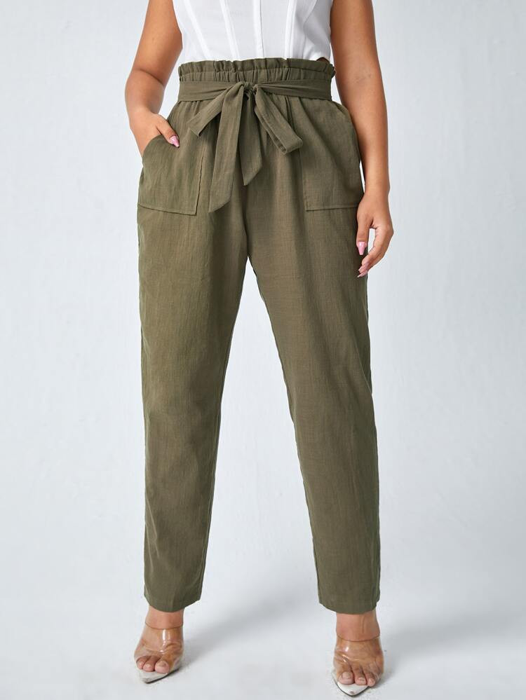 SHEIN Plus Paperbag Waist Belted Pants | SHEIN