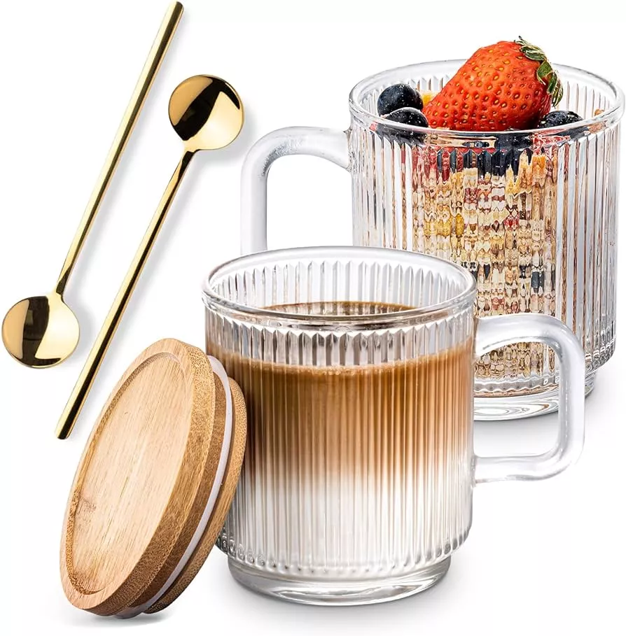 Iridescent Glass Coffee Mugs Set Of 2-340ml Ribbed Coffee Glasses Tea Cups  With Lid