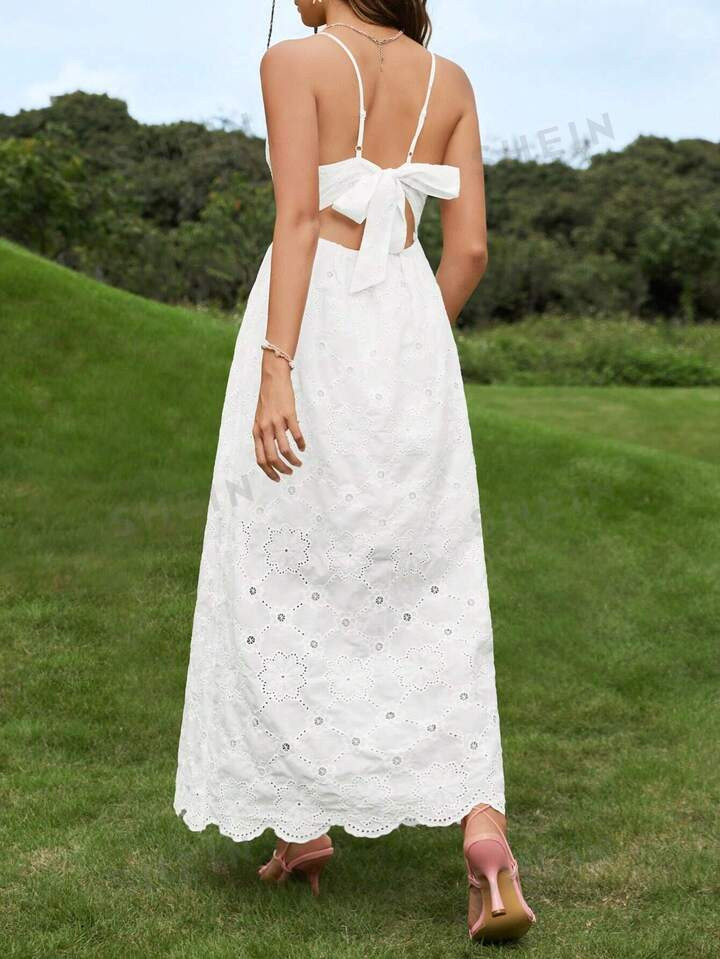 SHEIN WYWH Solid Tie Backless Eyelet Embroidery Cami Dress | SHEIN