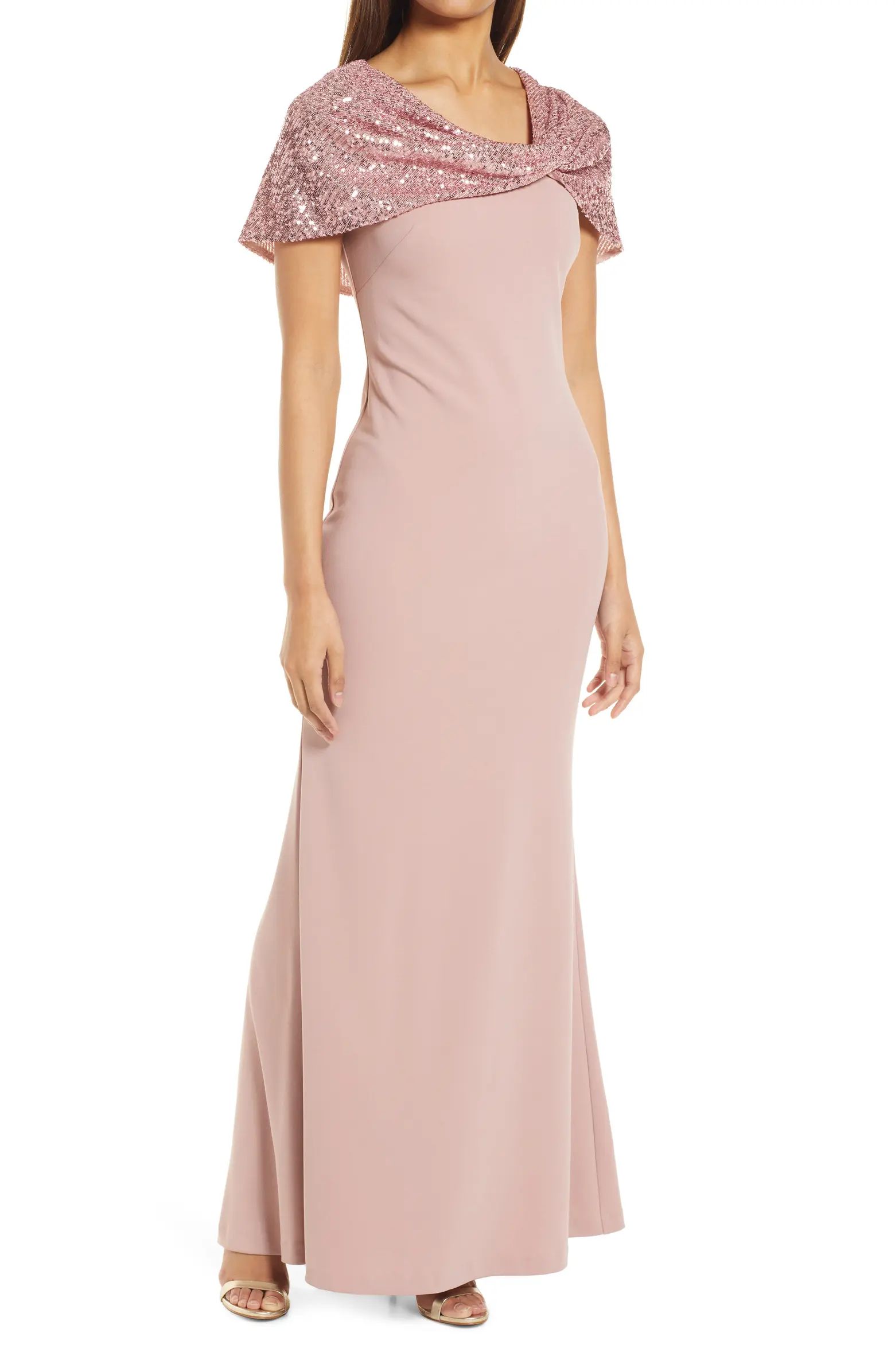 Crepe Trumpet Gown with Attached Sequin Shawl | Nordstrom