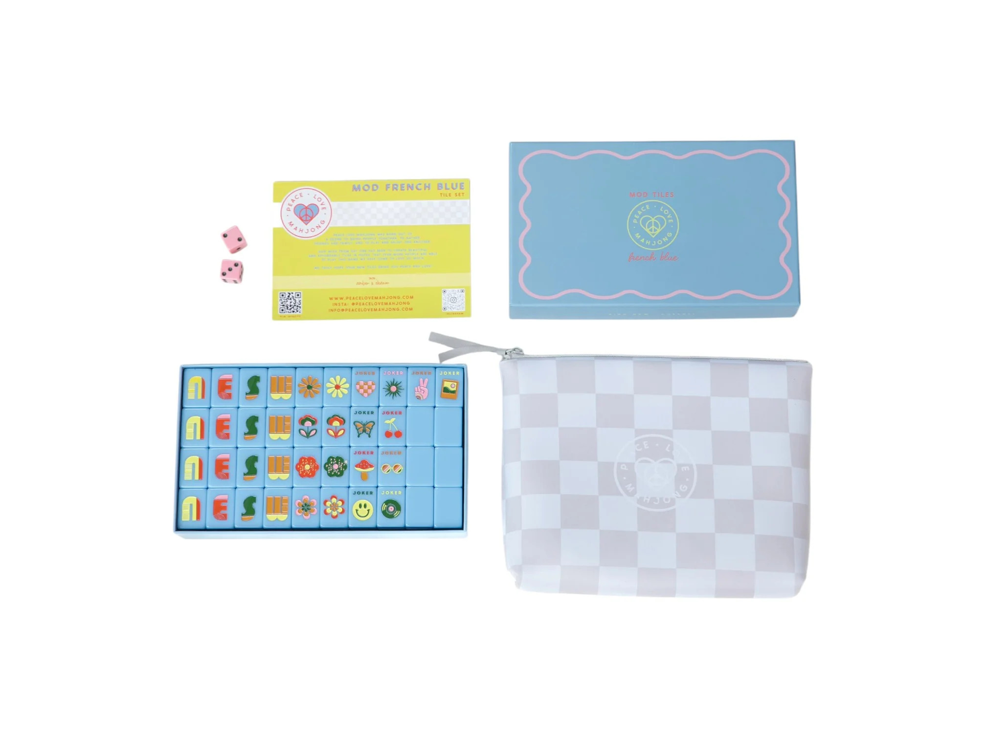 Mod French Blue Mahjong Tiles + Tile Pouch + Dice | Peace Love Mahjong