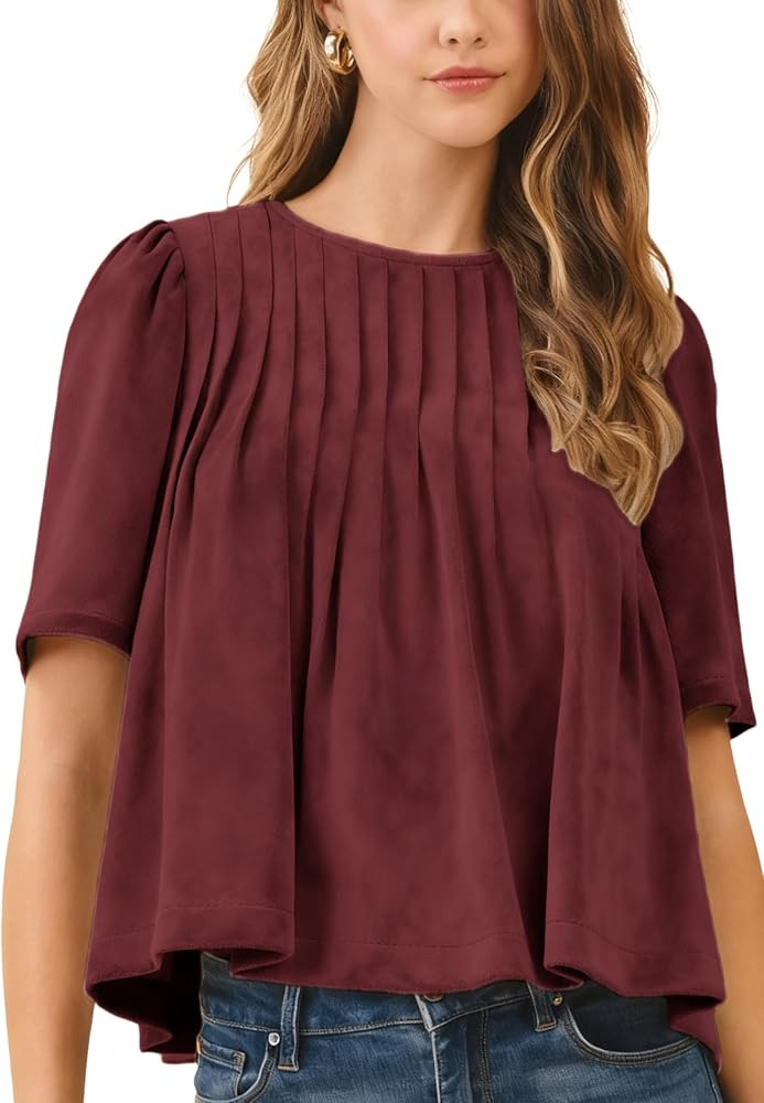 Lentta Womens Faux Suede Babydoll Tops Casual Crewneck Pleated Peplum Blouse Short Sleeve Flowy P... | Amazon (US)